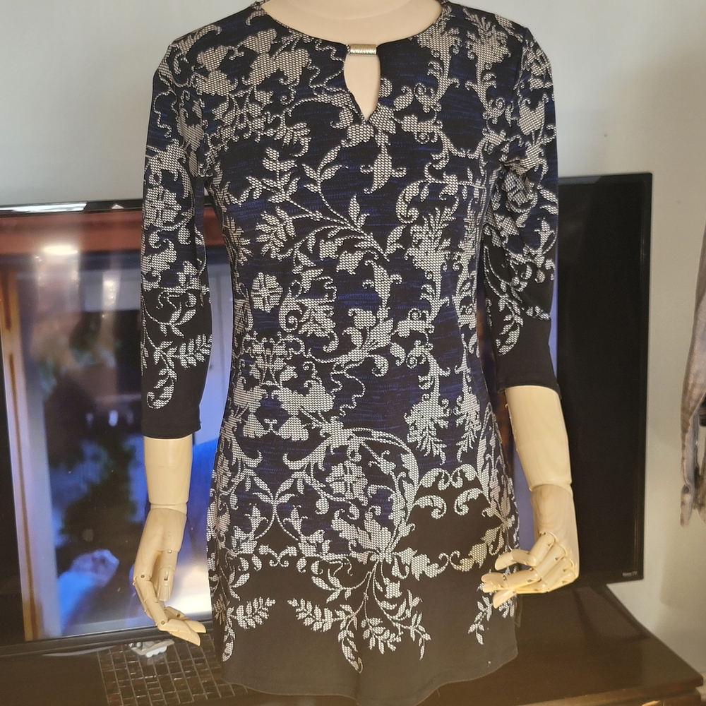 ❗️ CLEO Elegant Black and Blue and Ivory  Floral Dress  ❗️🔵⚫️⚪️